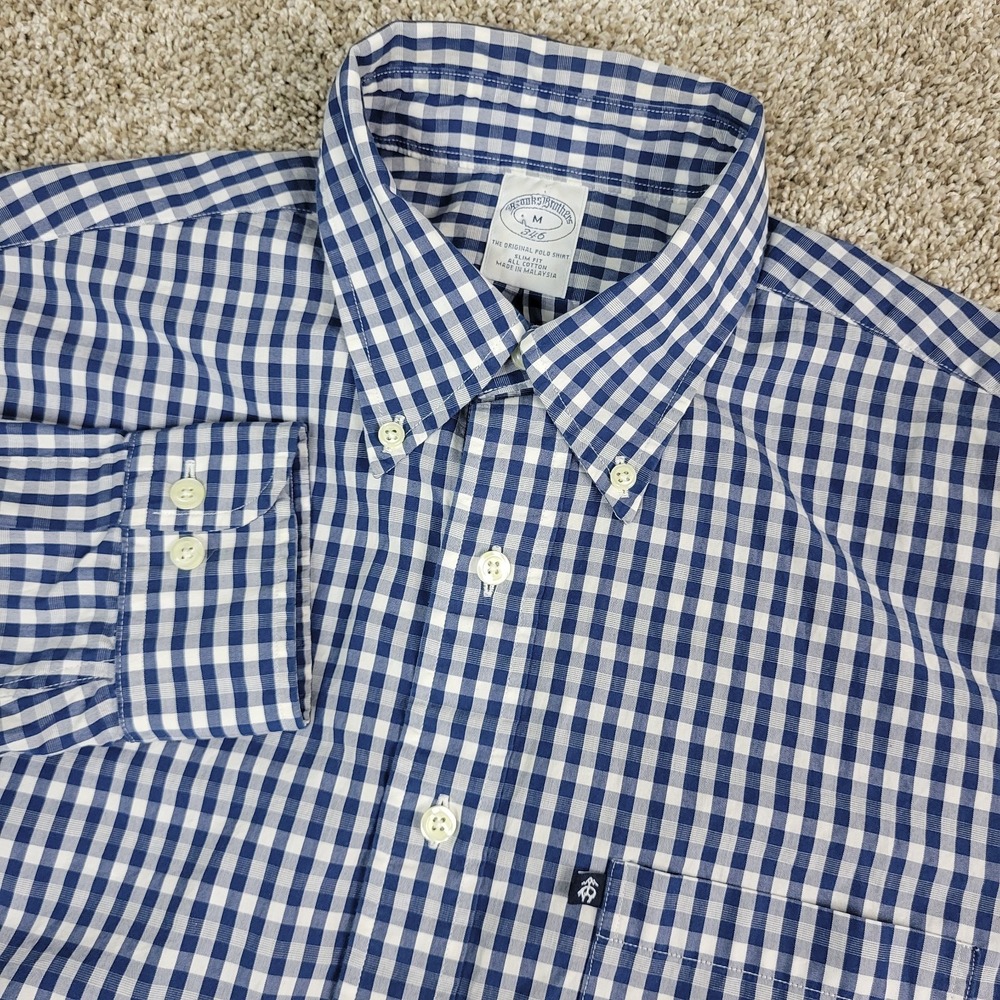 Brooks Brothers 346 Mens Medium Blue White Gingham Check Button Down LS